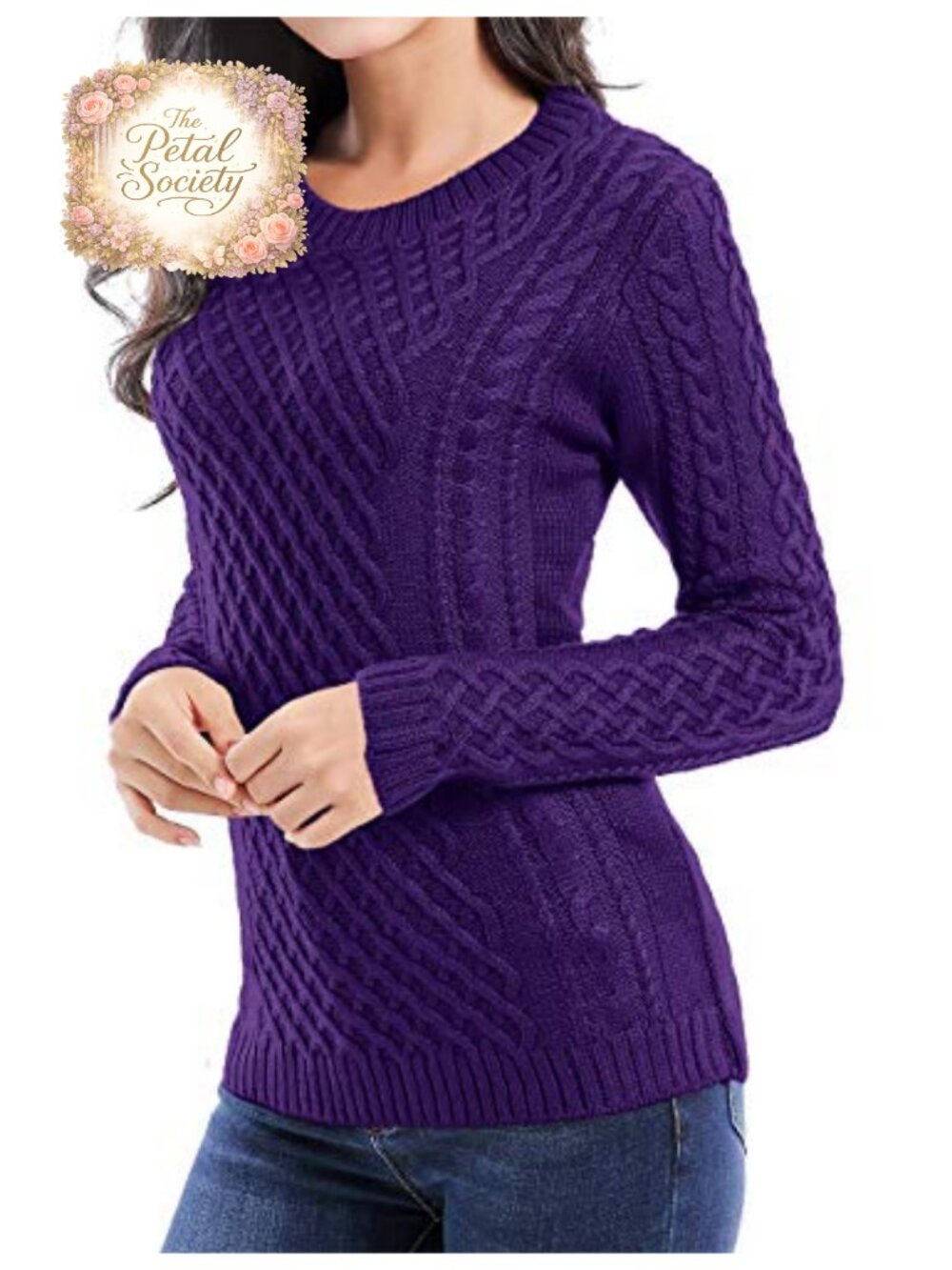 Womens Crew Neck Cable Knit Long Sleeve Sweater Jumper Pullover